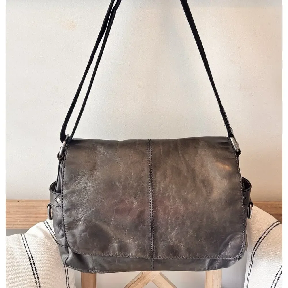 Fossil Leather Messenger Bag Green Distressed Flap Crossbody Laptop Satchel